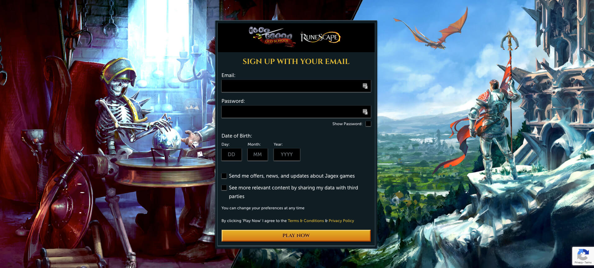 A screenshot of the RuneScape account creation page